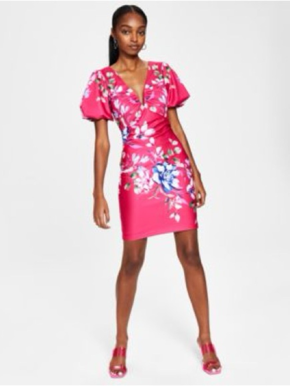Guess Floral Plunge-Neck Scuba Puff Sleeve Sheath Dress Size 14
